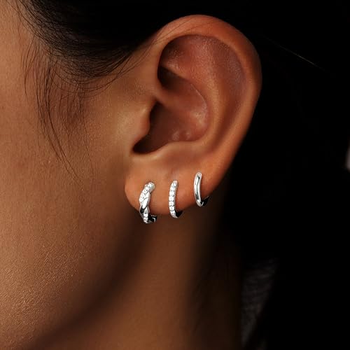 Poxtex Small Sterling Silver Huggie Hoop Earrings Set for Women, Hypoallergenic Trendy Twisted Hoops for Multiple Piercings, Dainty Cute Mini Lightweight Cartilage Jewelry Gift for Sensitive Ears - Image 2