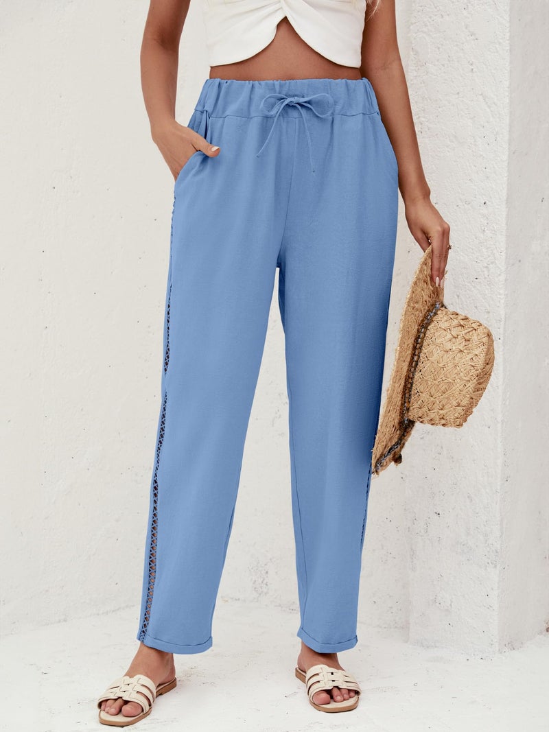 Puimentiua Women's Linen Capri Pants with Drawstring Petite Summer Beachwear Lightweight Elastic Waist Pants, Blue, L - Image 4
