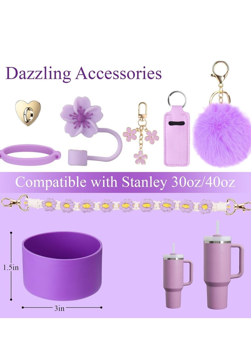 8 PCS Cup Accessories for 30oz 40oz Tumbler with Handle, Including Water Bottle Handle Strap, Chapstick Holder, Boot, Keychain Charms, Straw Topper Cover Cap for Cup(Purple) - Image 3