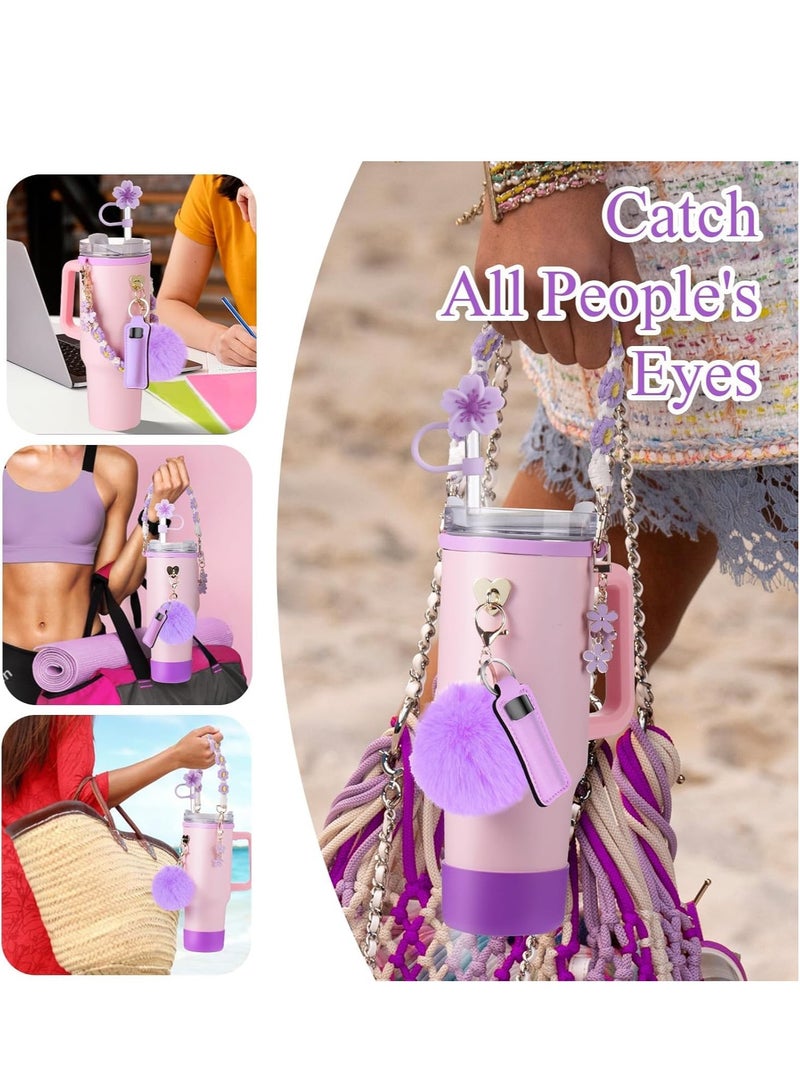 8 PCS Cup Accessories for 30oz 40oz Tumbler with Handle, Including Water Bottle Handle Strap, Chapstick Holder, Boot, Keychain Charms, Straw Topper Cover Cap for Cup(Purple) - Image 2