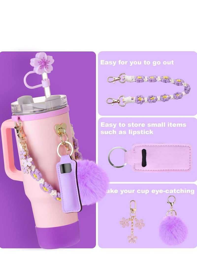 8 PCS Cup Accessories for 30oz 40oz Tumbler with Handle, Including Water Bottle Handle Strap, Chapstick Holder, Boot, Keychain Charms, Straw Topper Cover Cap for Cup(Purple) - Image 5