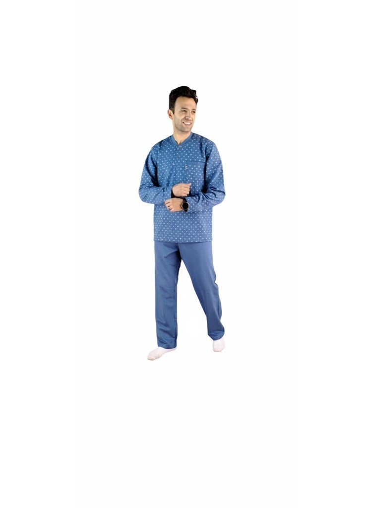Men Winter Pajama Set Long Sleeve & Plain Bottom-Blue