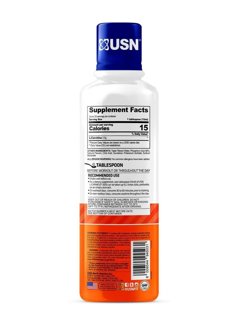 USN L-Carnicut 3500 Liquid Fat Loss Support Blue Raspberry Flavor 450ml – 30 Servings Energy & Metabolism Formula - Image 2