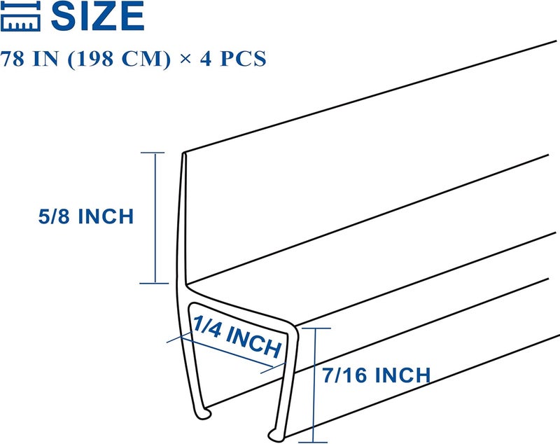 EAISMON Frameless Shower Door Seal Strip 4 Pack x 78 Inch H for 1/4" Thick Glass Shower Door Side Seal Strip Bottom Seal Door Sweep Ultra Clear Polycarbonate, Stop Shower Leaks Create A Water Barrier - Image 4