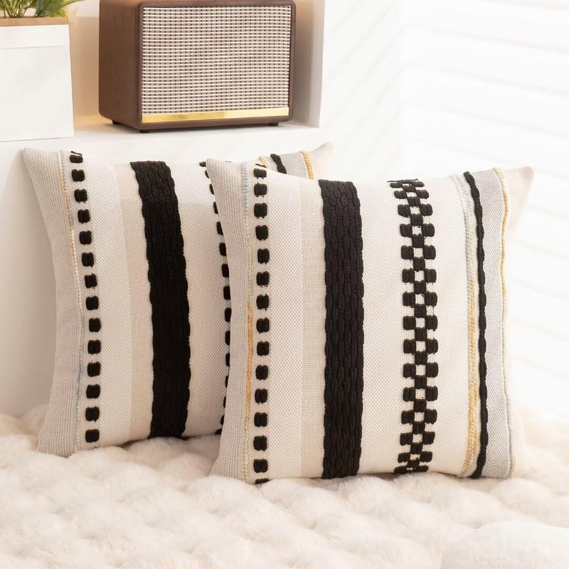 WANLIRD Boho Throw Pillow Covers 18x18 Set of 2 Farmhouse Decorative Cushion Case Striped Square Pillows Cover Chenille Pillow Cases Accent Neutral Pillowcase for Sofa Couch Bed,Black - Image 4