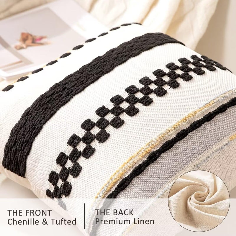 WANLIRD Boho Throw Pillow Covers 18x18 Set of 2 Farmhouse Decorative Cushion Case Striped Square Pillows Cover Chenille Pillow Cases Accent Neutral Pillowcase for Sofa Couch Bed,Black - Image 2