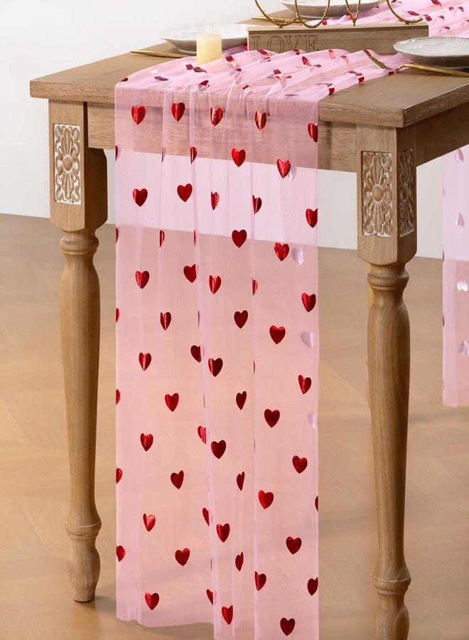 DeZerlor Valentine's Day Pink Table Runner Heart Sequin Cheesecloth Gauze Sheer Table Runner Glitter Metallic Foil for Wedding Bridal Shower Party Decorations - Image 3