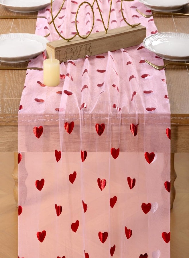 DeZerlor Valentine's Day Pink Table Runner Heart Sequin Cheesecloth Gauze Sheer Table Runner Glitter Metallic Foil for Wedding Bridal Shower Party Decorations - Image 2