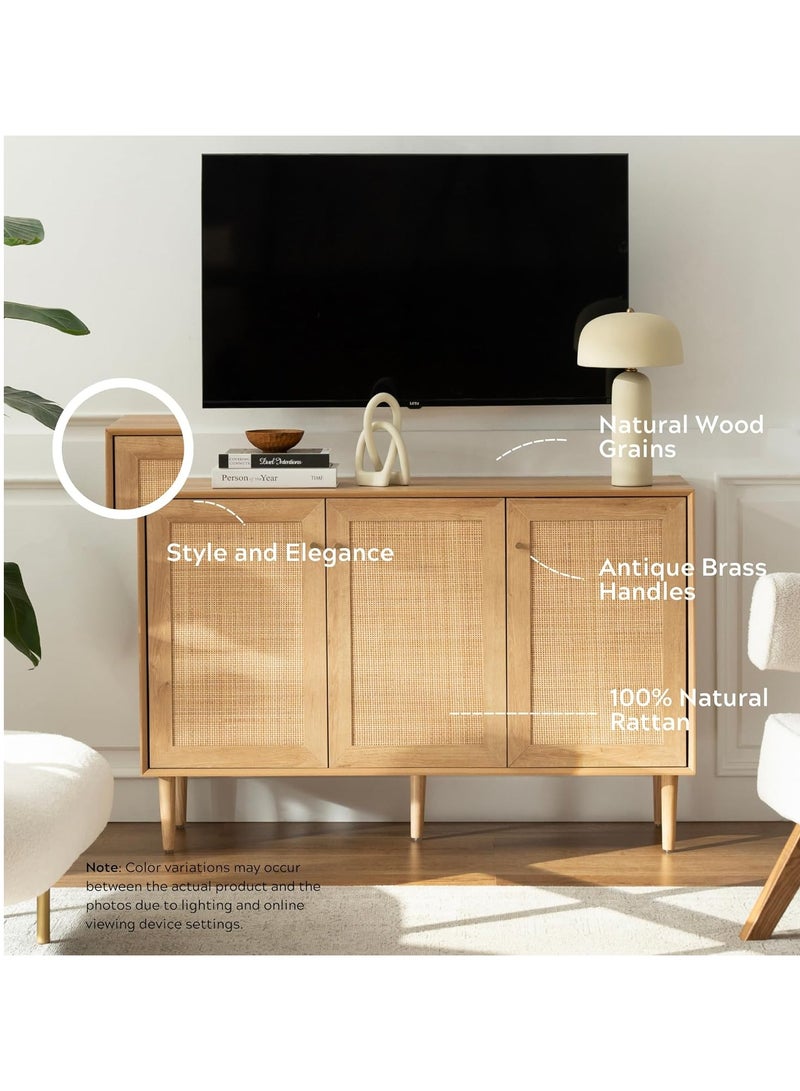 Chogori Rattan Storage Cabinet with 3 Doors, Boho Sideboard Buffet Cabinet Solid Wood Farmhouse Credenza Cabinet with Adjustable Shelves for Living Room Kitchen Entryway Hallway  - Image 3
