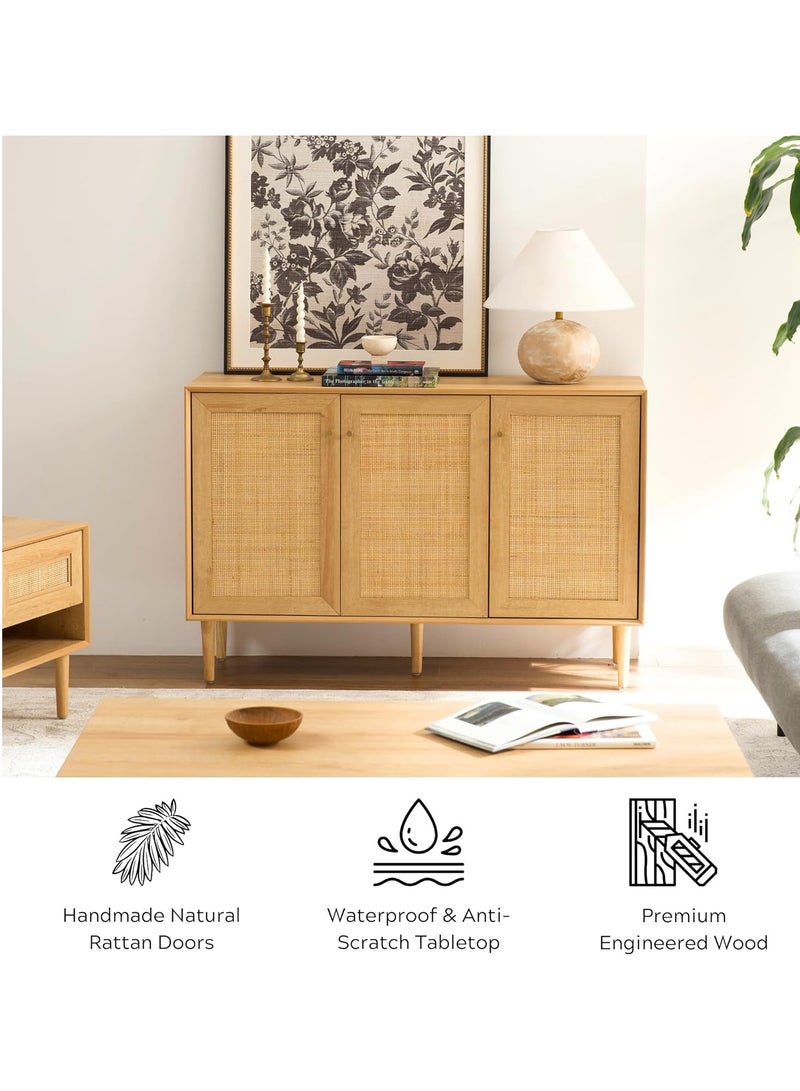 Chogori Rattan Storage Cabinet with 3 Doors, Boho Sideboard Buffet Cabinet Solid Wood Farmhouse Credenza Cabinet with Adjustable Shelves for Living Room Kitchen Entryway Hallway  - Image 5