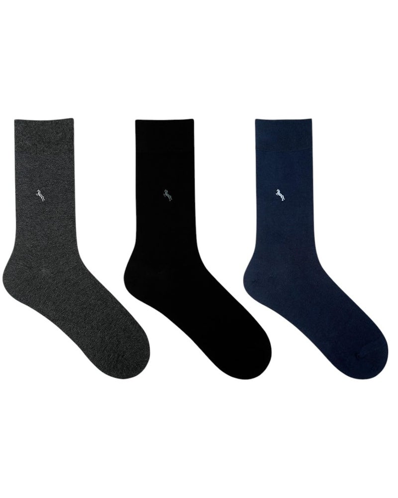 BALENZIA SocksXpress Men Crew Socks |Pack of 3 Pairs| Organic Cotton with Ribbed Mouth|Motif Design|Black, Dark Grey, Navy|Business, Office & Formal Outfits|Calf-Length Everyday Wear - Image 5