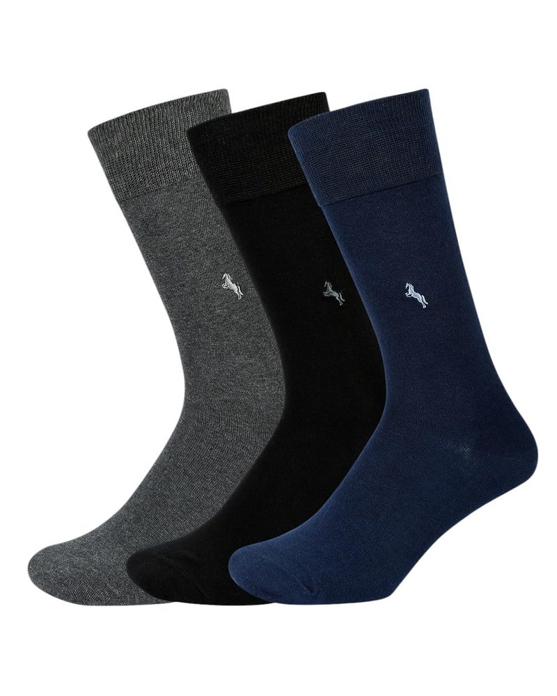 BALENZIA SocksXpress Men Crew Socks |Pack of 3 Pairs| Organic Cotton with Ribbed Mouth|Motif Design|Black, Dark Grey, Navy|Business, Office & Formal Outfits|Calf-Length Everyday Wear - Image 1