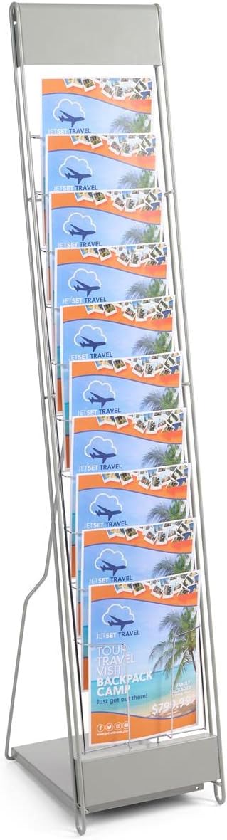 Displays2go Portable Literature Stand with 10 Pockets for 85x11 Magazines Carrying Bag Included 54h FloorStanding Magazine Rack with Tiered Design Steel Silver  - Image 1