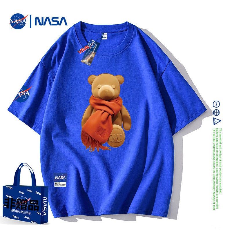 Pure Cotton Short-Sleeved T-Shirt 2024 Summer Loose Round Neck Top for Men and Women Trendy Brand Nasa Cute Cartoon Bear T-Shirt - Image 1