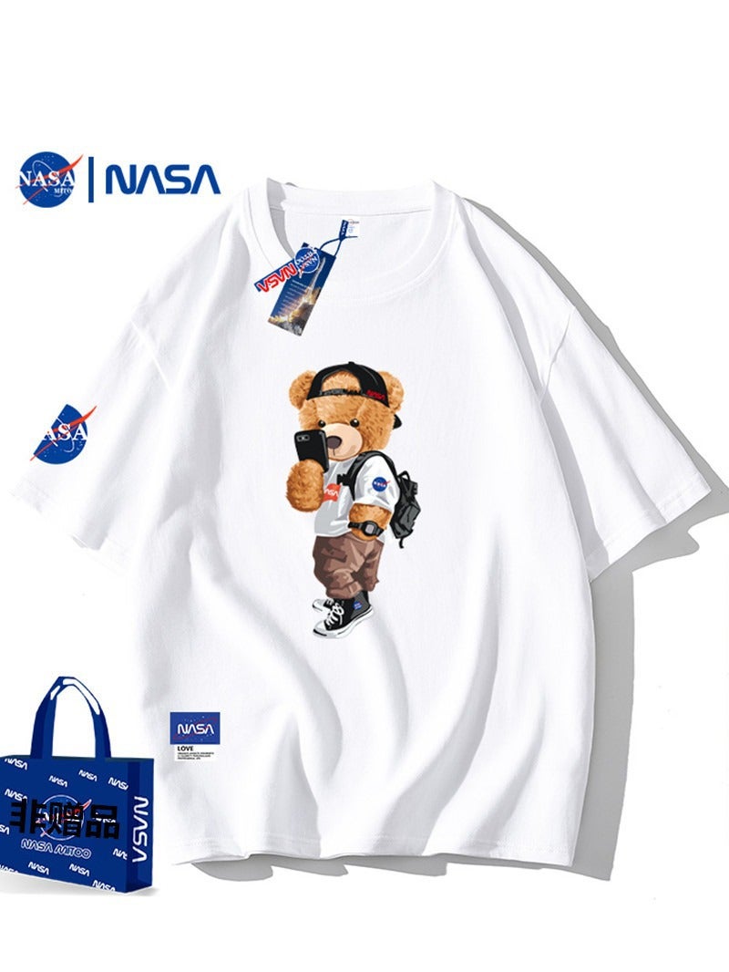 Pure Cotton Short-Sleeved T-Shirt 2024 Summer Loose Round Neck Top for Men and Women Trendy Brand Nasa Cute Cartoon Bear T-Shirt - Image 2
