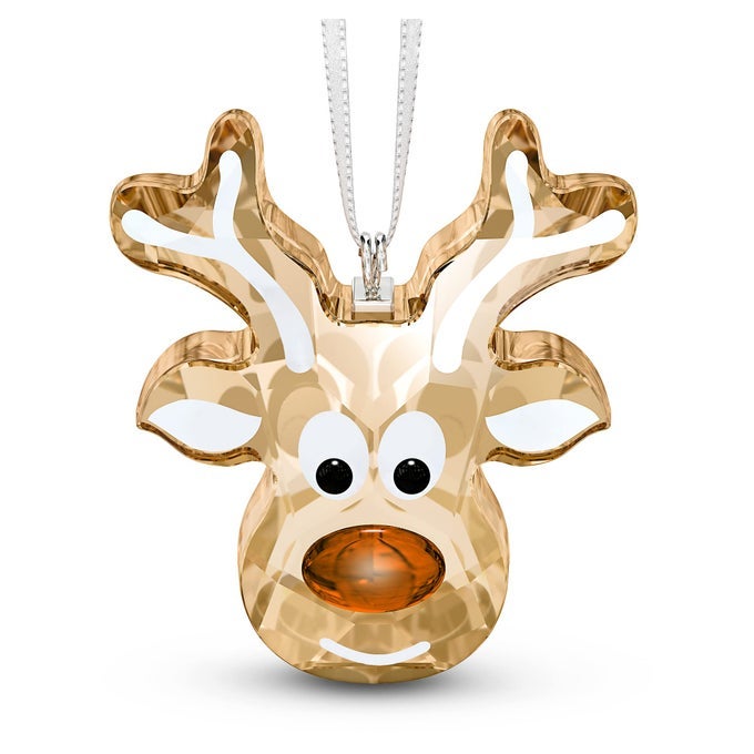 GINGERBREAD REINDEER ORNAMENT FOR HANGING ON A TREE OR FOR DISPLAY GOLD CRYSTAL WITH COPPER ACCENT AND PRINT FACE PART OF THE JOYFUL ORNAMENTS COLLECTION