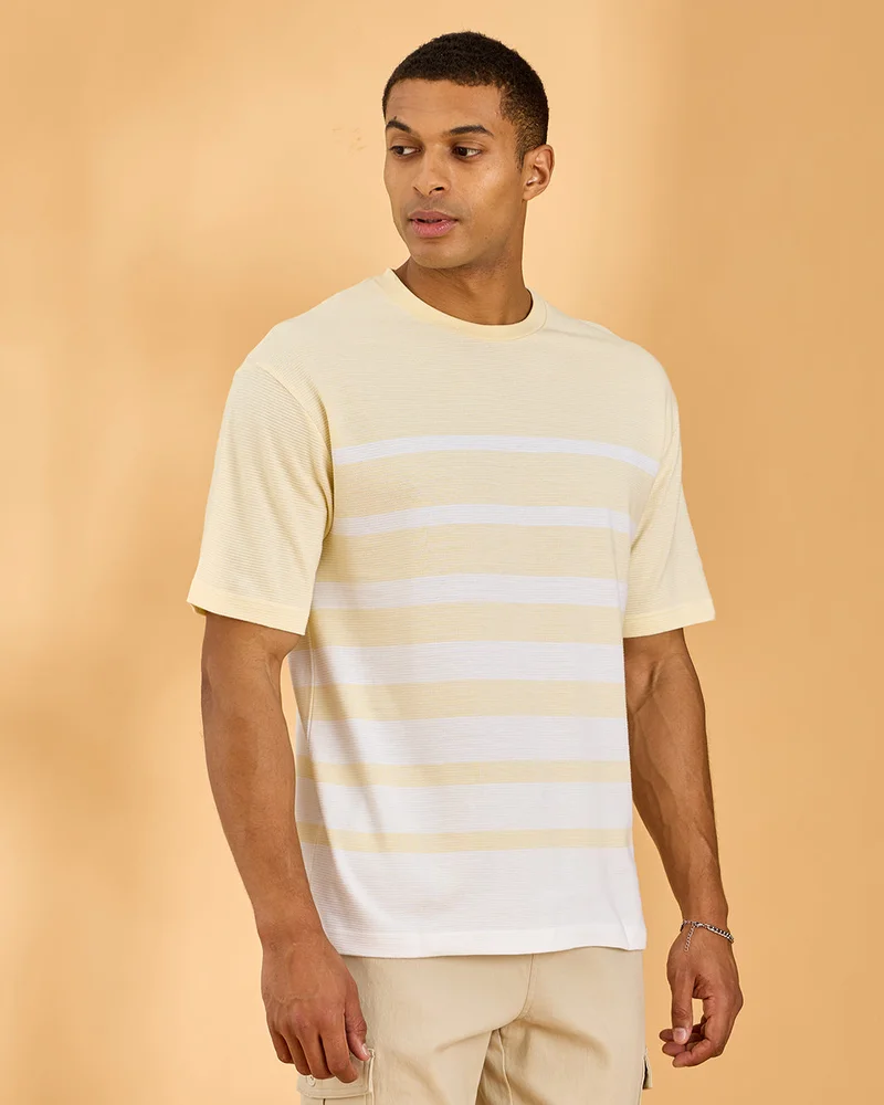 Redtag Men Beige Striped Jacquard T-Shirt