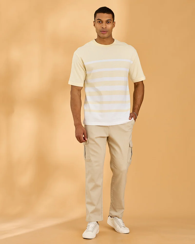 Redtag Men Beige Striped Jacquard T-Shirt