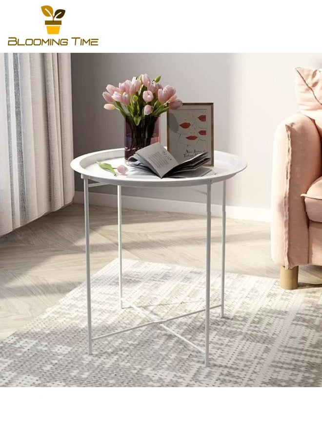 BLOOMING TIME Side Table Round End Table, 17.63-Inch Bedside Table, Metal Tray Table, Indoor Modern Sofa Side Table, Outdoor Snack Table, Folding Wrought Iron Round Table, White - Image 1