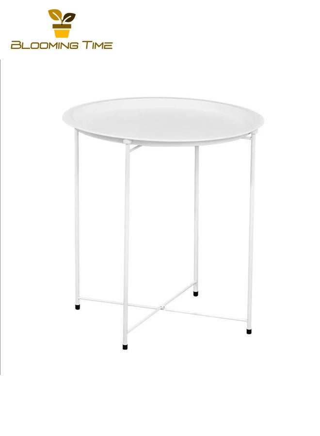 BLOOMING TIME Side Table Round End Table, 17.63-Inch Bedside Table, Metal Tray Table, Indoor Modern Sofa Side Table, Outdoor Snack Table, Folding Wrought Iron Round Table, White - Image 3