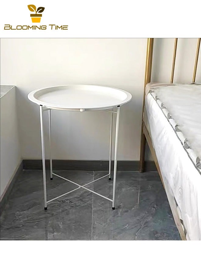 BLOOMING TIME Side Table Round End Table, 17.63-Inch Bedside Table, Metal Tray Table, Indoor Modern Sofa Side Table, Outdoor Snack Table, Folding Wrought Iron Round Table, White - Image 4