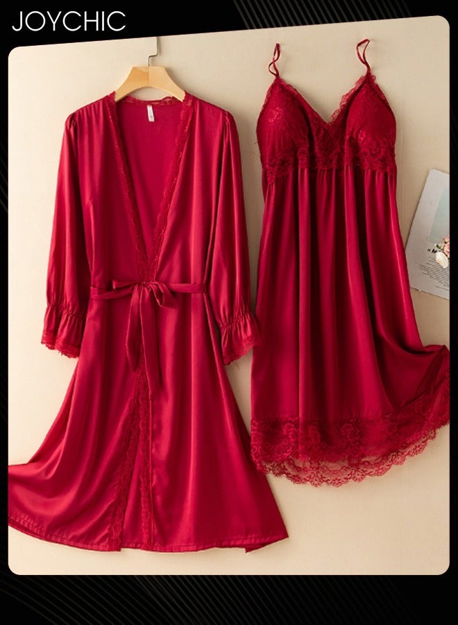 Joychic قطعتان من البيجامات للنساء للربيع والصيف والخريف من الحرير الجليدي متوسط الطول بأكمام طويلة + فستان نوم بفتحة رقبة على شكل حرف V ثوب نوم قابل للتنفس أحمر نبيذي - Image 2