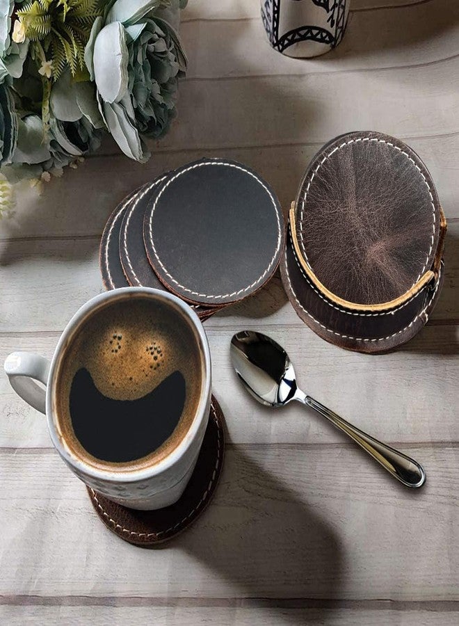 Rustic Town Leather Coasters for Drinks - Cup Coasters Coffee Table Kitchen Table Bar - Set of 6 with Holder for Tabletop Protection - Handmade Luxurious Home Decor & Housewarming Gift - Image 2