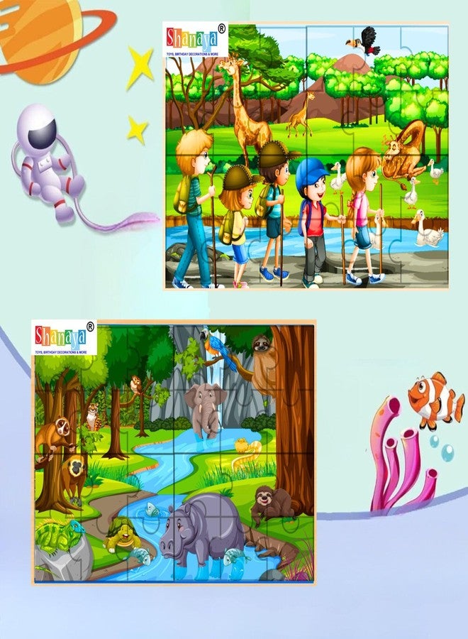 SHANAYA 36 Pieces Wooden Jigsaw Puzzle Kids Cartoon Animal Vehicle Puzzles Games Baby Early Learning Educational Toys for Children 2 Sided Puzzle (Kids in Jungle Adventure + Wild Forest Animals) - Image 1