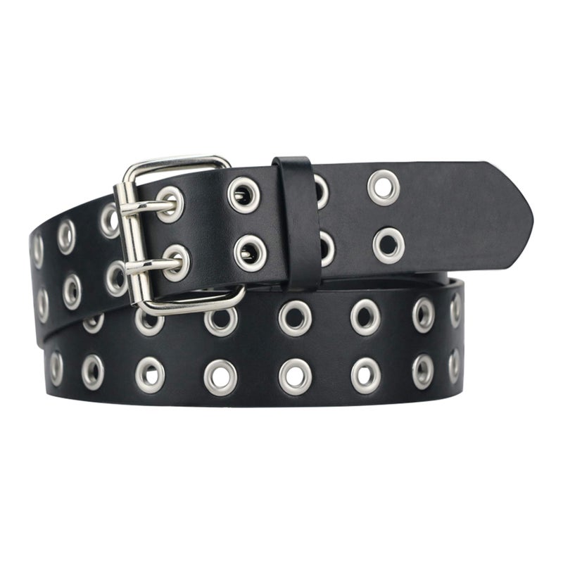 macoking Womens Belts for Jeans, Studded Double Grommets Leather Black Belt Women Men-L - Image 1