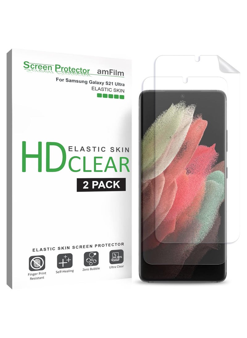 Amfilm (2 Pack) amFilm Elastic Skin Screen Protector for Samsung Galaxy S21 Ultra 5G 6.8 inch, Fingerprint ID Compatible, with Easy Installation Alignment Tool and Video, HD Clear, TPU Film Full Coverage  - Image 1