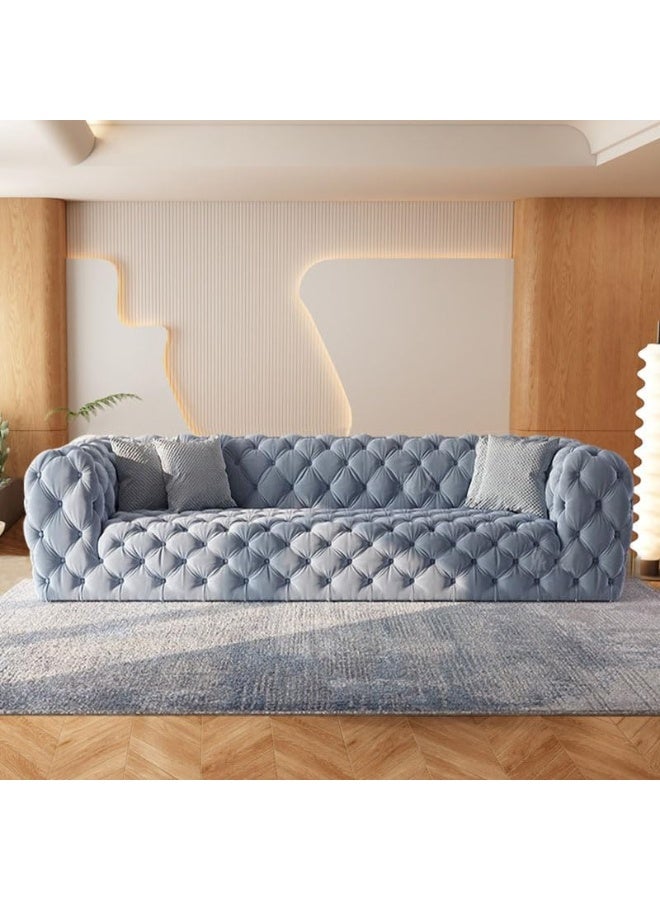 Comfynest Modern Flannel Upholstery Extra Long Sofa With Tuxedo Arm And Tufted Back 220 X 93 X 73 Cm Blue 