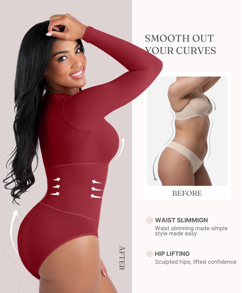 FeelinGirl Tummy Control Bodysuit for Women Mock Neck Body Suits Full Body Compressin Shapewear Burgundy X-Small-Small - Image 4