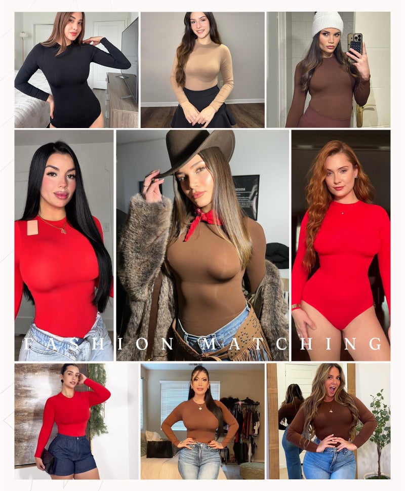 FeelinGirl Tummy Control Bodysuit for Women Mock Neck Body Suits Full Body Compressin Shapewear Burgundy X-Small-Small - Image 2