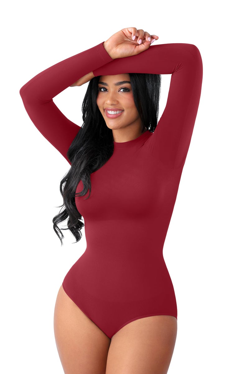 FeelinGirl Tummy Control Bodysuit for Women Mock Neck Body Suits Full Body Compressin Shapewear Burgundy X-Small-Small - Image 1