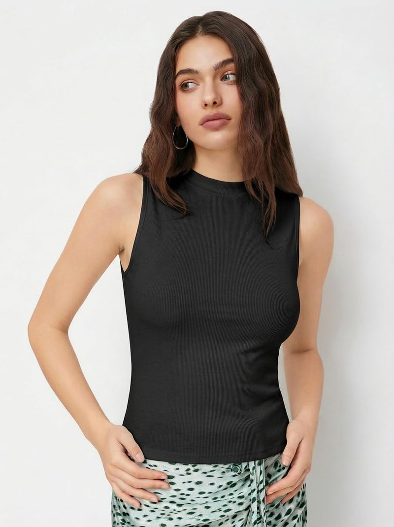 CIDER Womens Tank Tops Sleeveless High Neck Ruched Crop Tops Going Out Casual Basic Ribbed Shirt Summer Fashion Clothing: Black, L - Image 3