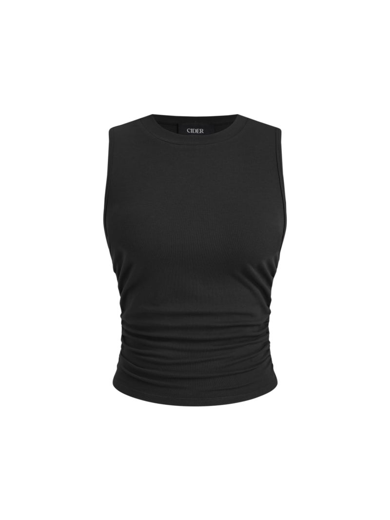 CIDER Womens Tank Tops Sleeveless High Neck Ruched Crop Tops Going Out Casual Basic Ribbed Shirt Summer Fashion Clothing: Black, L - Image 1