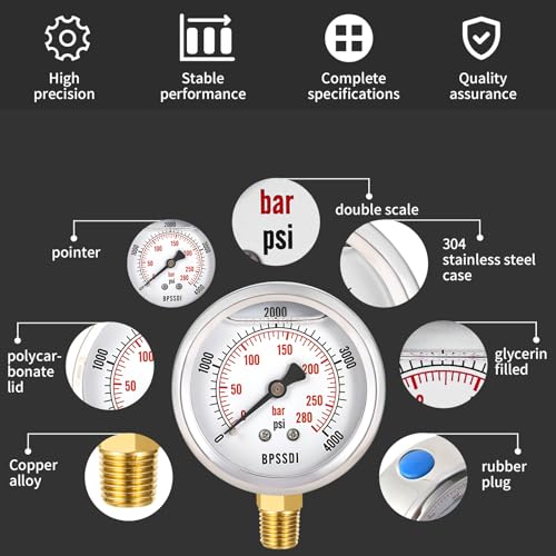 BPSSDI 0-4000 Psi Glycerin Liquid Filled Hydraulic High Pressure Gauge, 2.5" Dial Size, 1/4" NPT Lower Mount, 304 Stainless Steel Case, for Water Oil Air Gas Pressure Test - Image 3
