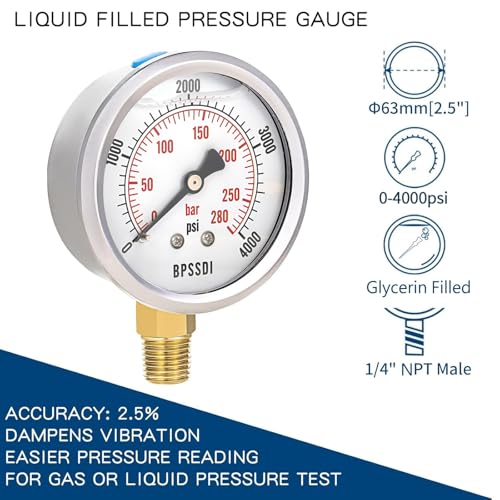 BPSSDI 0-4000 Psi Glycerin Liquid Filled Hydraulic High Pressure Gauge, 2.5" Dial Size, 1/4" NPT Lower Mount, 304 Stainless Steel Case, for Water Oil Air Gas Pressure Test - Image 2