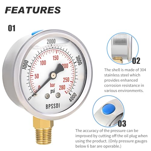 BPSSDI 0-4000 Psi Glycerin Liquid Filled Hydraulic High Pressure Gauge, 2.5" Dial Size, 1/4" NPT Lower Mount, 304 Stainless Steel Case, for Water Oil Air Gas Pressure Test - Image 4