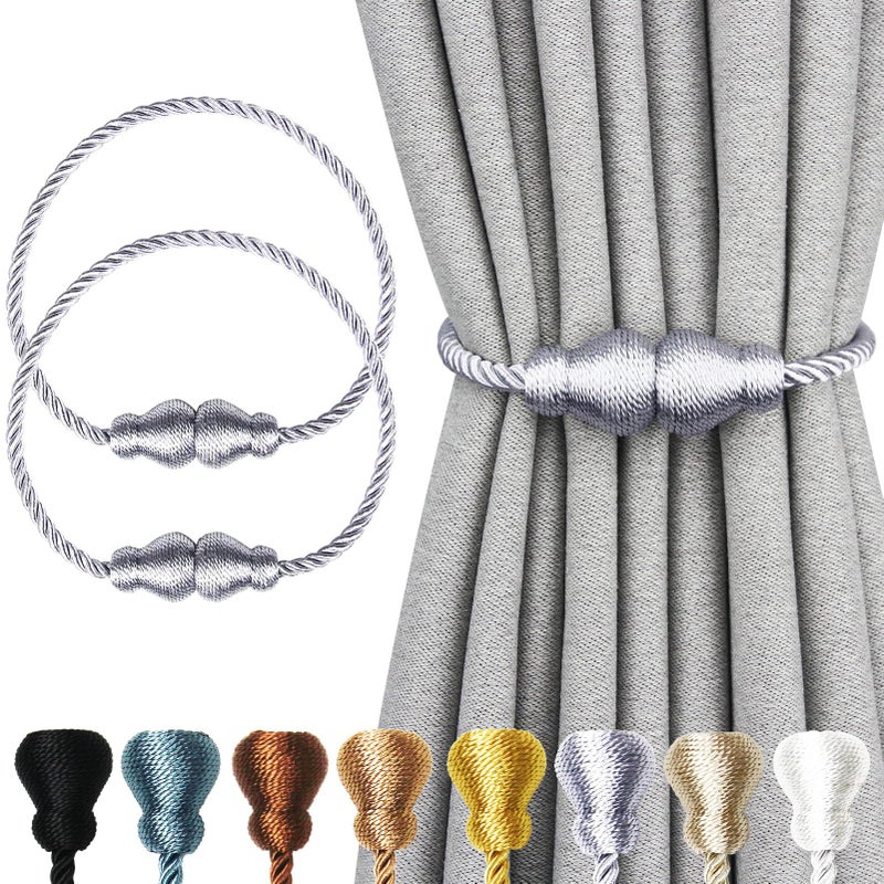 Nieffeiy Magnetic Curtain Tiebacks 2Pack Outdoor Curtain Tie Backs Rope Decorative Magnetic Curtain Holders for Drapes Window Treatment Holdbacks, Grey - Image 1