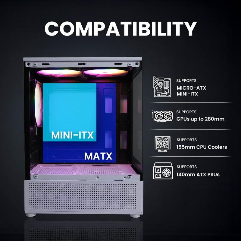 Zalman CUBIX-G Micro-ATX PC Case, MATX Case with 3 X 120mm FRGB Fans Pre-Installed, Panoramic View Tempered Glass Panels, USB Type-C Port, Fits up to 280mm GPUs (Panda) - Image 5