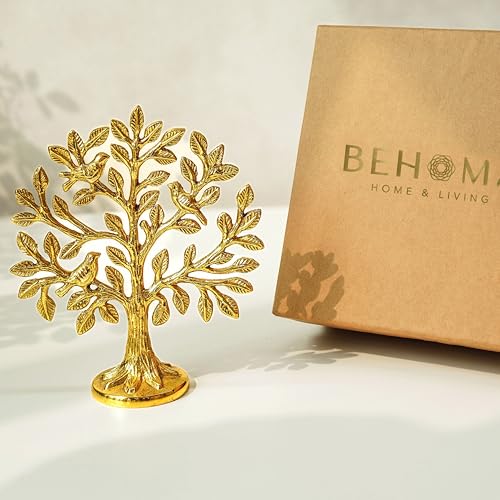 BEHOMA بيهوما شجرة كالبفريكش من النحاس الأصفر النقي 100% مع الطيور | تمثال شجرة الحياة كالبافريكشا لتزيين الطاولة (5.9 بوصة) | ديكور كالبفريكشا فاستو وفينغ شوي، زينة منزلية ومعبد بوجا، هدية حظ سعيد - Image 1