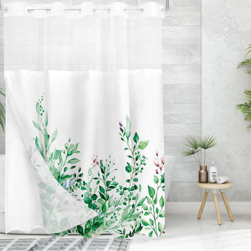 Tititex No Hooks Snap في بطانة Emerald Green Green Eucalyptus أوراق الستائر دش مجموعات فندق فاخرة مزدوجة النسيج مقاوم للماء وإطلاق فوق نافذة الحمام ديكور 72x84 بوصة - Image 3