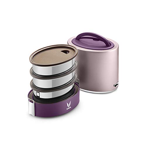 VAYA TYFFYN Lunch Box for Office for Men, with Polished Stainless Steel Containers, 1000ml Thermal Insulated , Hot Tiffin Box with 3 Compartments, Without BagMat, Purple - Image 1