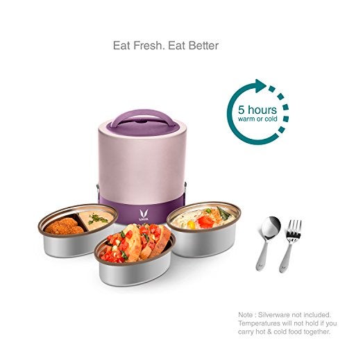 VAYA TYFFYN Lunch Box for Office for Men, with Polished Stainless Steel Containers, 1000ml Thermal Insulated , Hot Tiffin Box with 3 Compartments, Without BagMat, Purple - Image 3