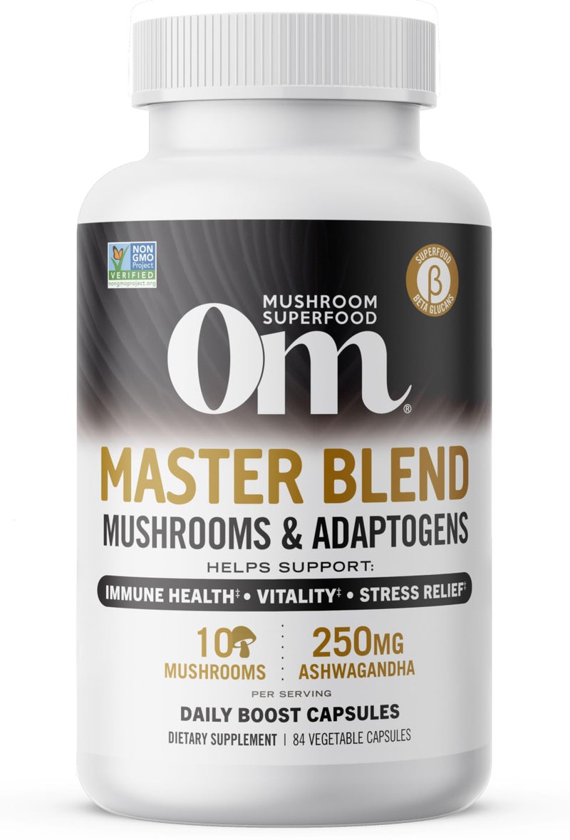 OM Mushroom Superfood Master Blend Mushrooms & Adaptogens, Capsules Supplement, 84 Count, 28 Servings, 10 Mushroom Complex, Adaptogens for Immune Health, Vitality, Stress Relief - Image 1