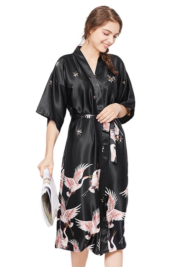 Joychic Self-Tie Waist Printed Night Robe Black - Image 3