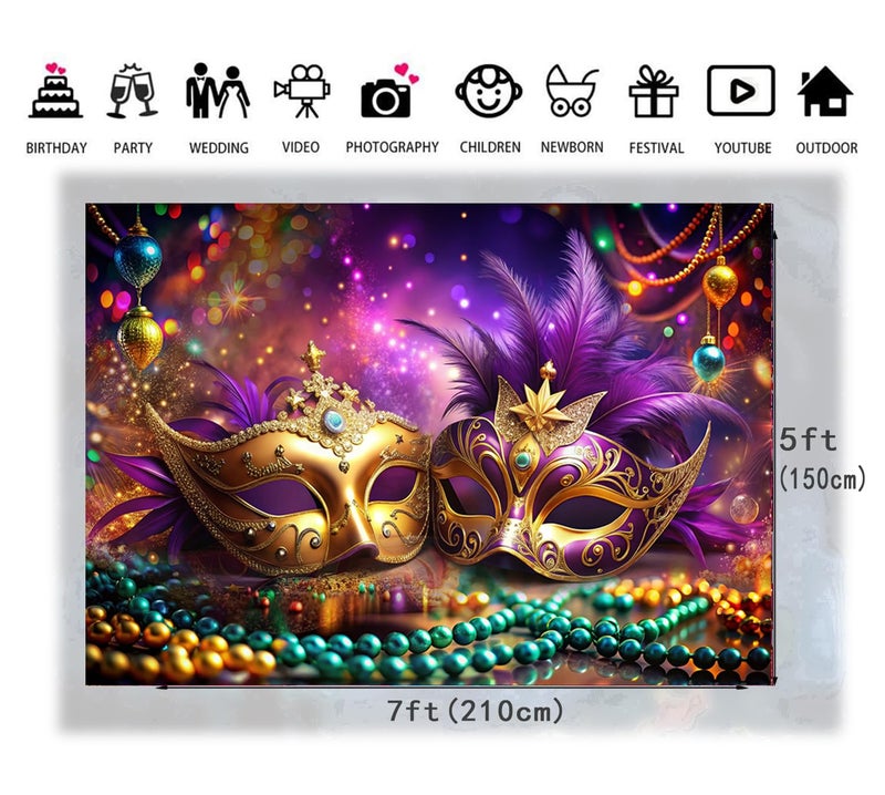 LTLYH 7x5ft Venetian Mardi Gras Decoration Backdrop Carnival Masquerade Photography Backgrounds Mask Colorful Backdrop Party Decoration Banner Studio Props 306 - Image 5