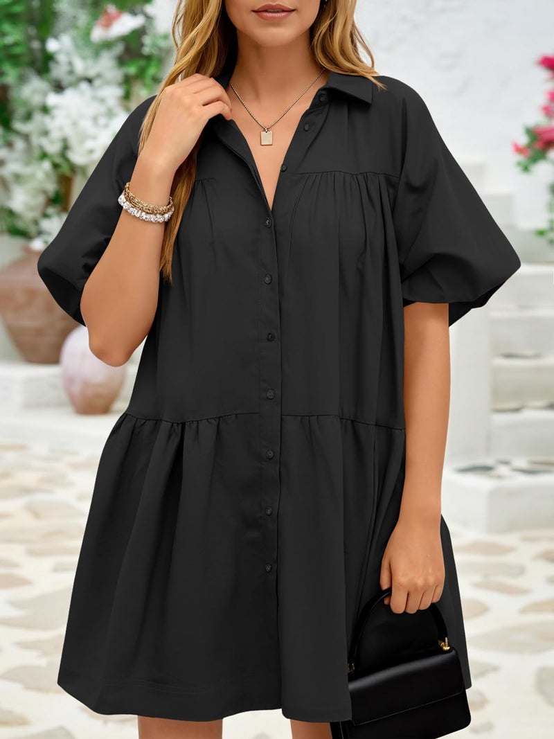 Wenrine Women's Summer Button Down Shirt Dress Puff Short Sleeve Loose Casual Oversized Mini Dresses with Pockets - Image 2