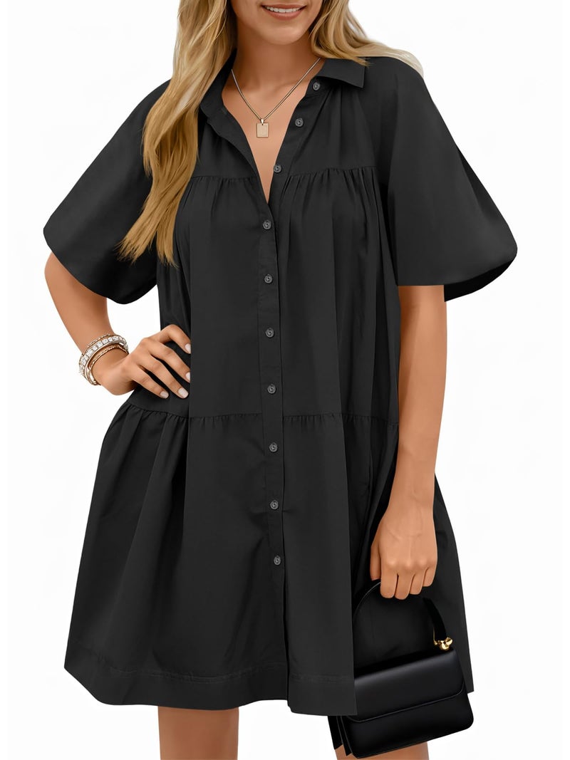 Wenrine Women's Summer Button Down Shirt Dress Puff Short Sleeve Loose Casual Oversized Mini Dresses with Pockets - Image 1